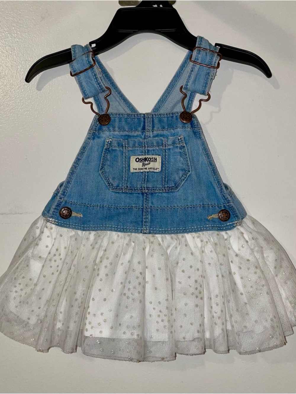 OshKosh B'gosh Denim Overall Dress with White Polka Dot Tulle Skirt